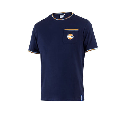Front view of a navy Sparco Gulf Heritage T-shirt featuring a chest pocket with the Gulf logo and contrast stripe detailing on the collar and sleeve edges.